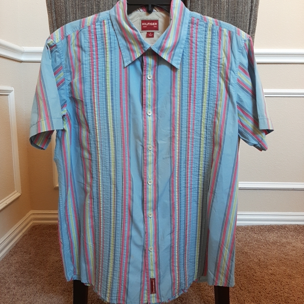 Tommy Hilfiger Men's Blue and Pink Striped Shirt